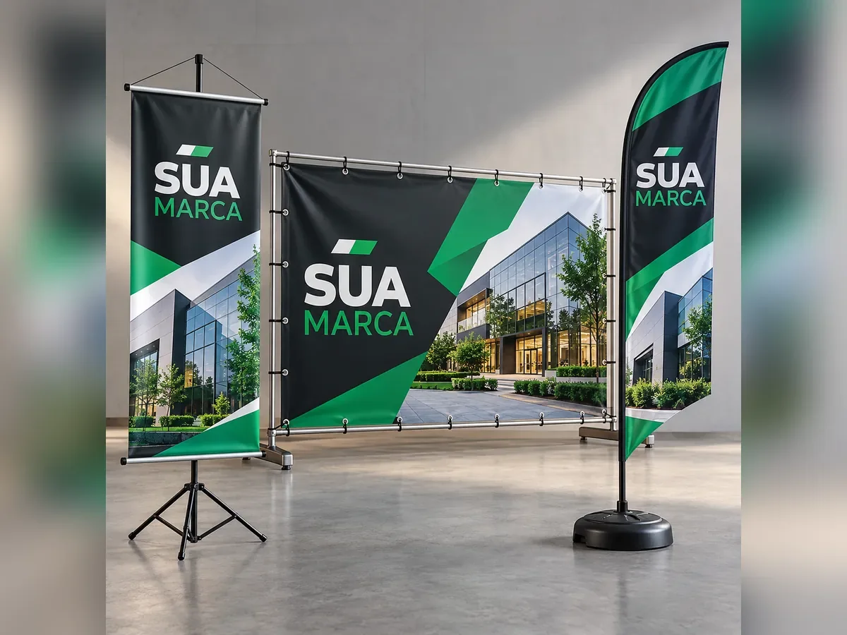 Banner em tripé, lona em estrutura metálica e wind banner com a marca
