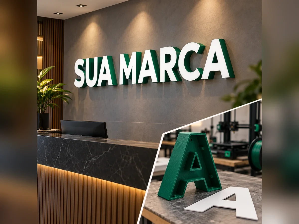 Letras em 3D na parede de uma recepção e peça impressa em 3D ao lado de impressoras