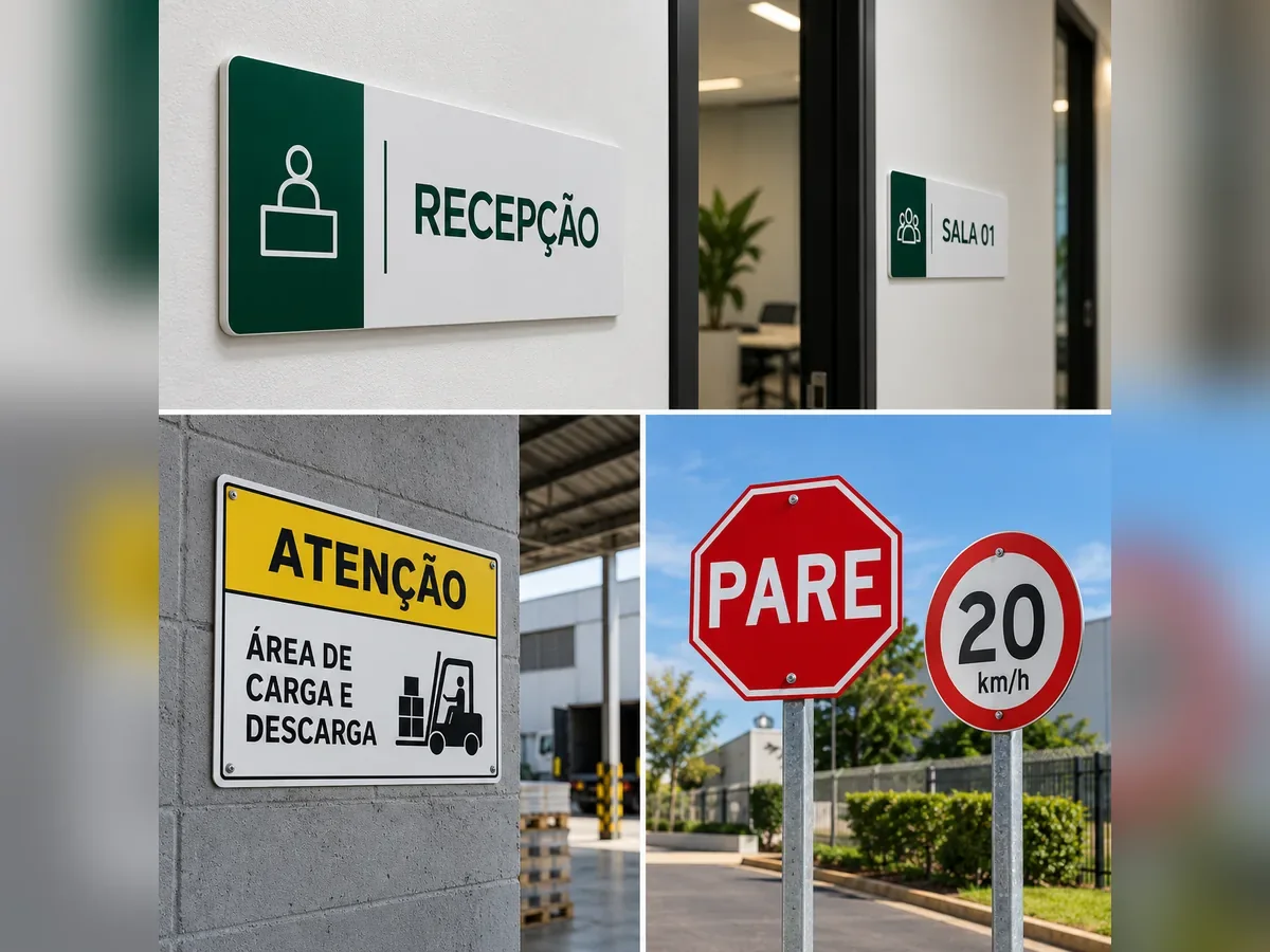 Placas de sinalização interna, de segurança e de trânsito em ambiente empresarial