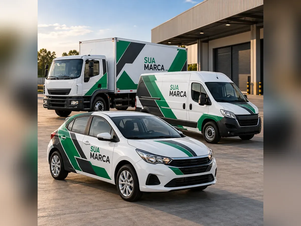 Caminhão, van e carro com plotagem padronizada da marca em verde e branco